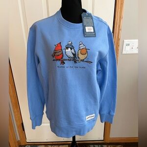 New Life is Good winter is for the birds blue fleece crew sweatshirt. Medium